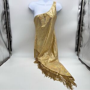 Sharron Leslie Gold Women's 1 Shoulder Asymmetric Hem Dress w/Beaded Fringe-S